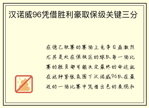 汉诺威96凭借胜利豪取保级关键三分